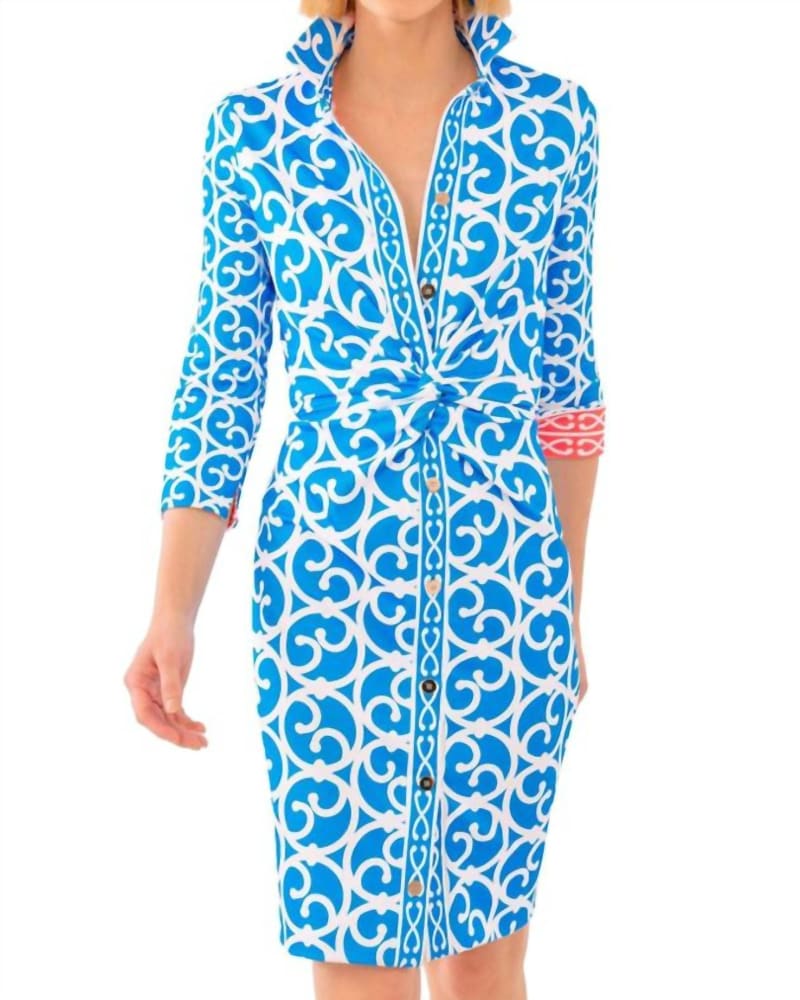 Front of a model wearing a size XL Twist & Shout Dress - Heavens Gate In Azure Blue in Azure Blue by GRETCHEN SCOTT. | dia_product_style_image_id:342206